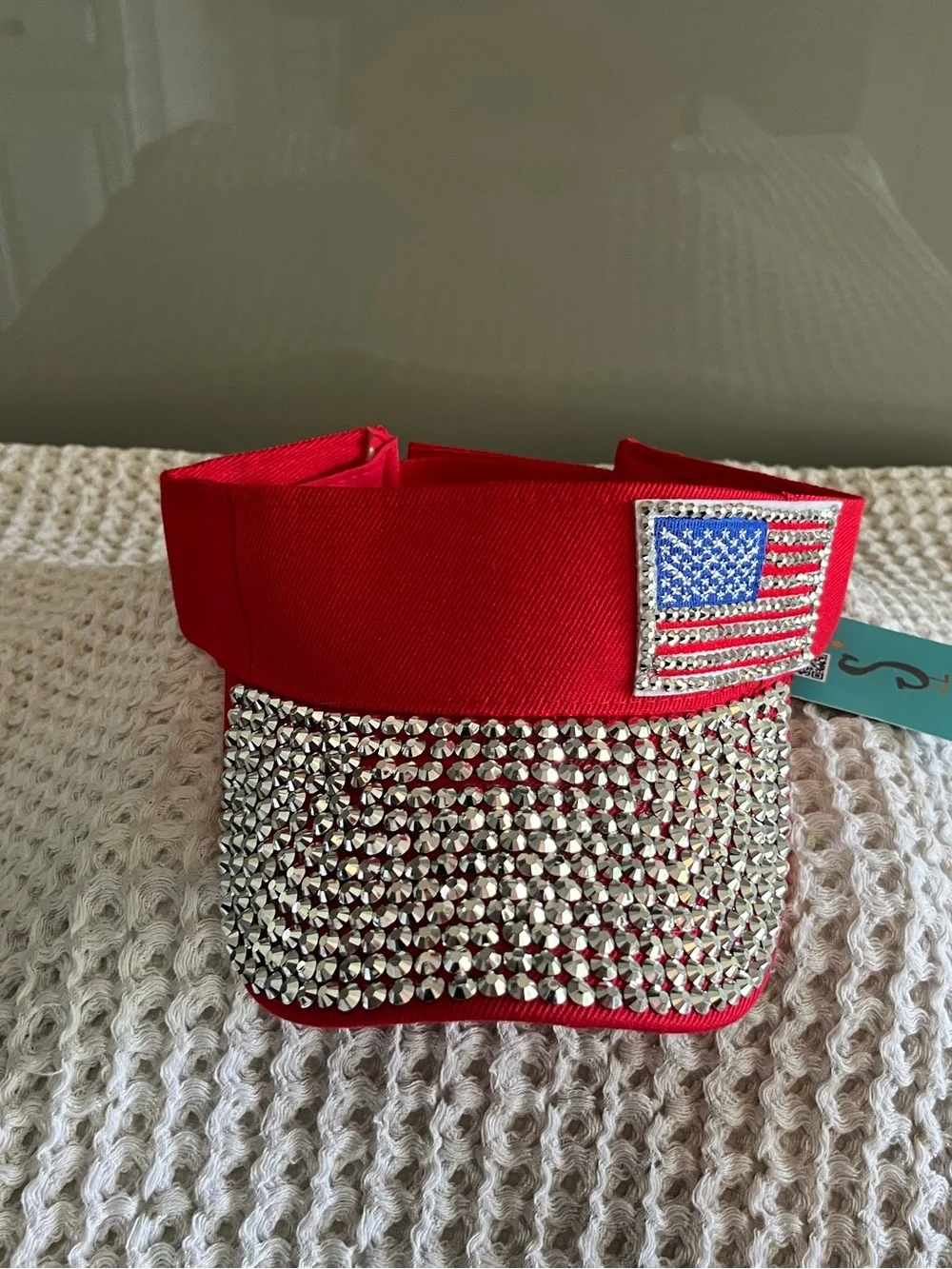 Snowbird Living Red women’s Visor with Rhinestones and American Flag Accent 482